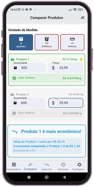 Tela de Comparação de Produtos